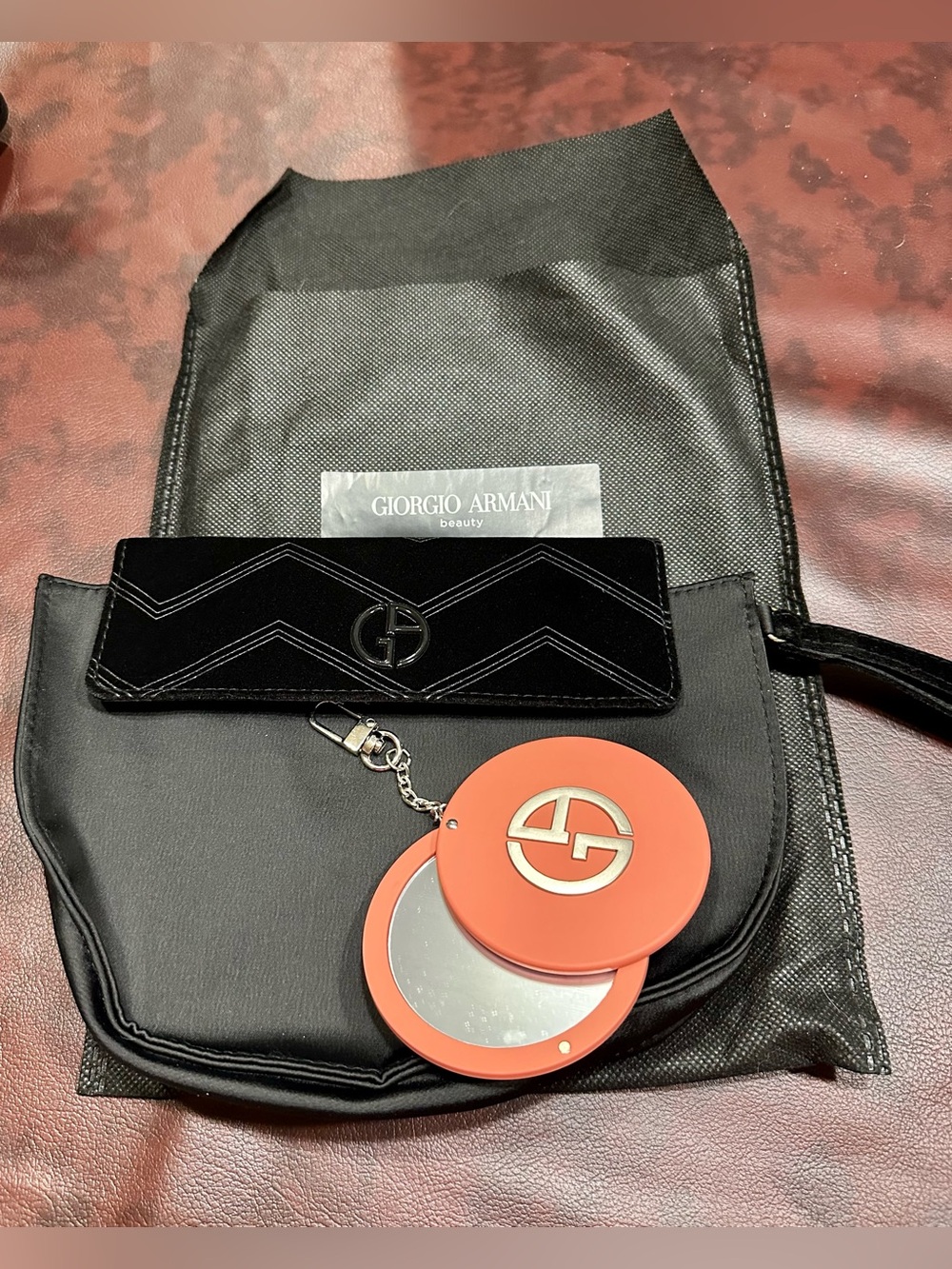 Giorgio Armani Beauty Premium Velvet Pouch & Coral Keychain Mirror Box Set. New